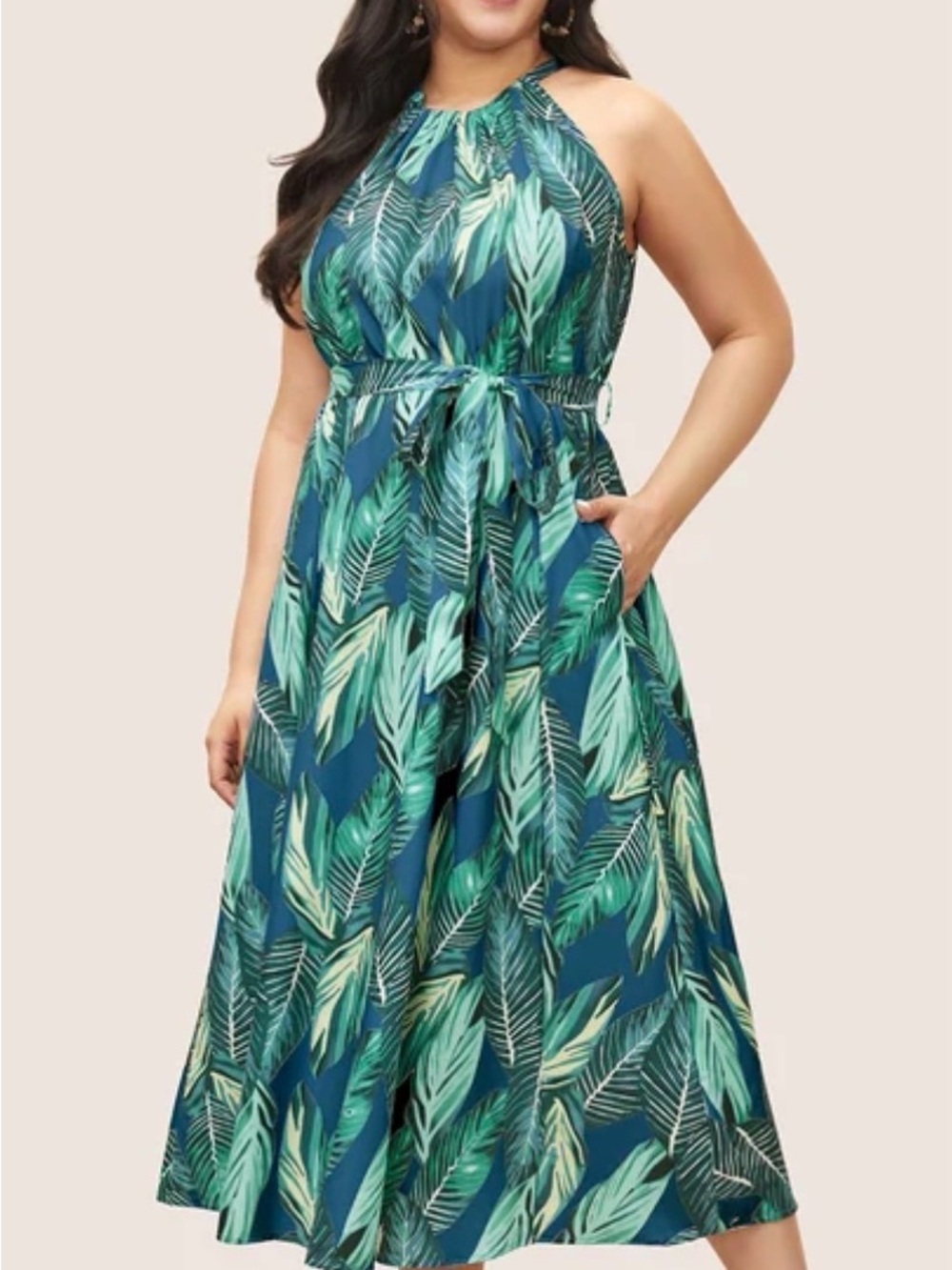 BloomChic Teal and Green Tropical Halter Maxi Dress
